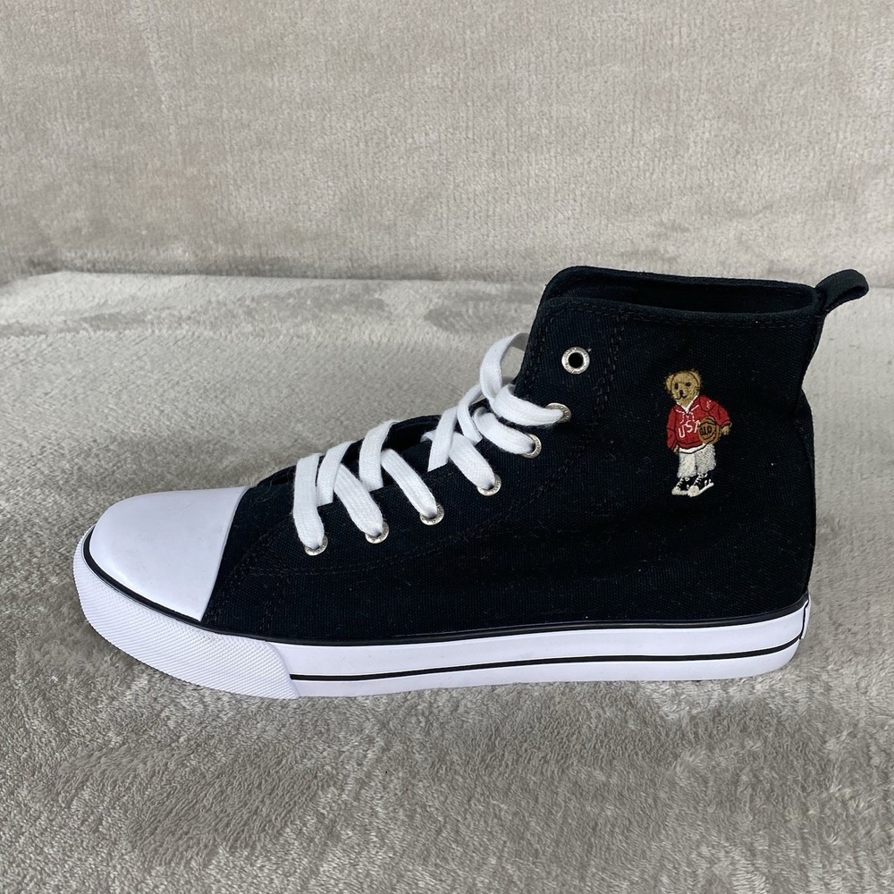 Polo Ralph Lauren Hamptyn Hi II Bear Sneakers Mens 7 Women 8.5 Black Canvas NEW